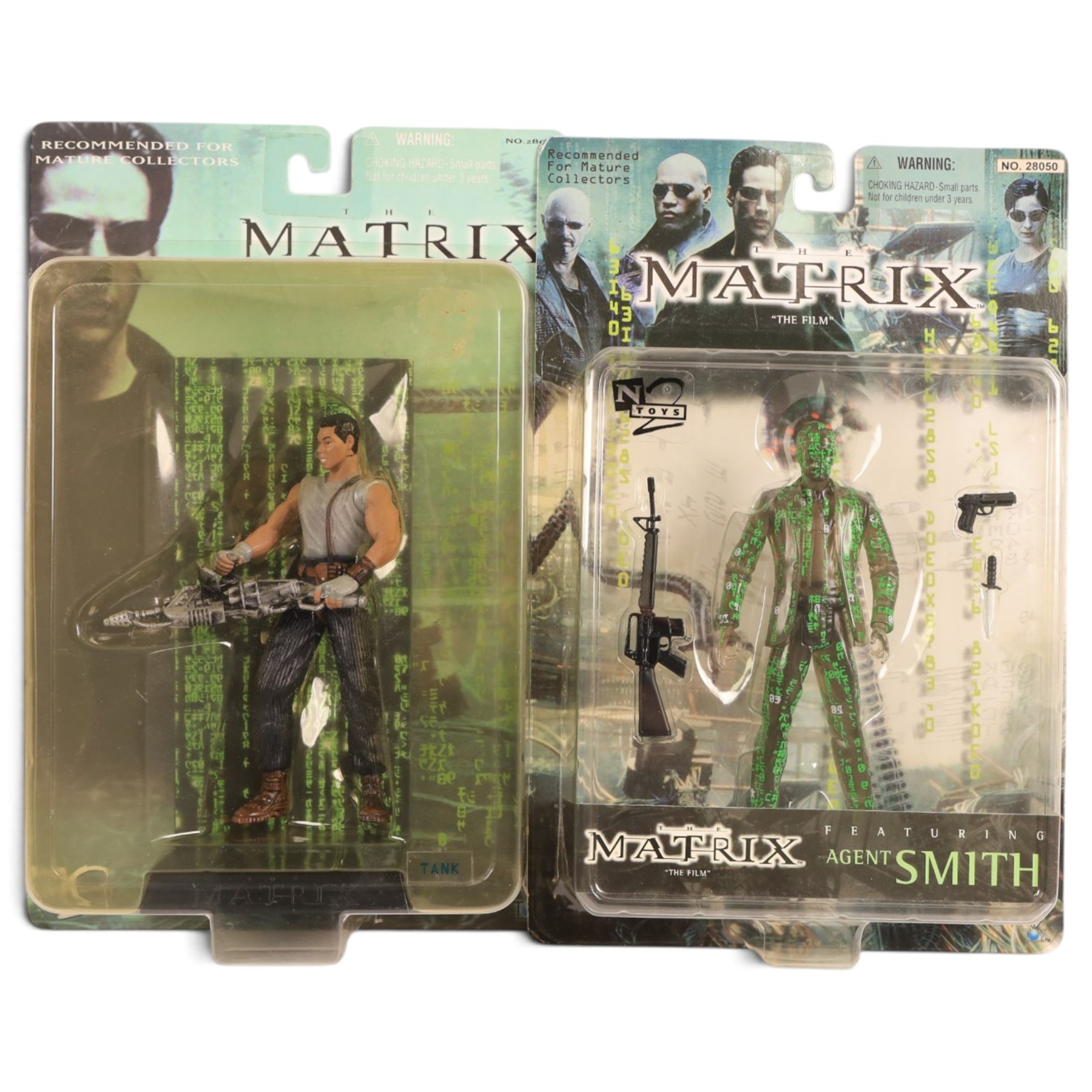 Six N Toys The Matrix action figures, comprising Tank, Agent Smith, Mr Anderson, Sentinel, and two Trinity versions, together with two unboxed The Matrix figures