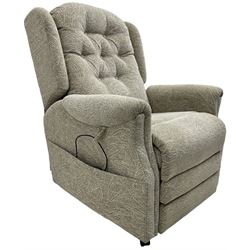 Pride Mobility - contemporary 'Hudson Range' rise and recliner armchair, upholstered in buttoned back foliate patterned oatmeal fabric 