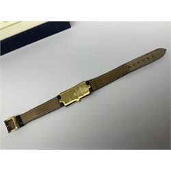 Raymond Weil ladies 'Othello' wristwatch, the rectangular 18ct gold plated case with blue enamel dial, on a Raymond Veil navy blue crocodile leather strap, in original box