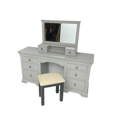 Cotswold - contemporary grey painted kneehole dressing table, raised separate mirror back with trinket drawers, fitted with six graduating drawers