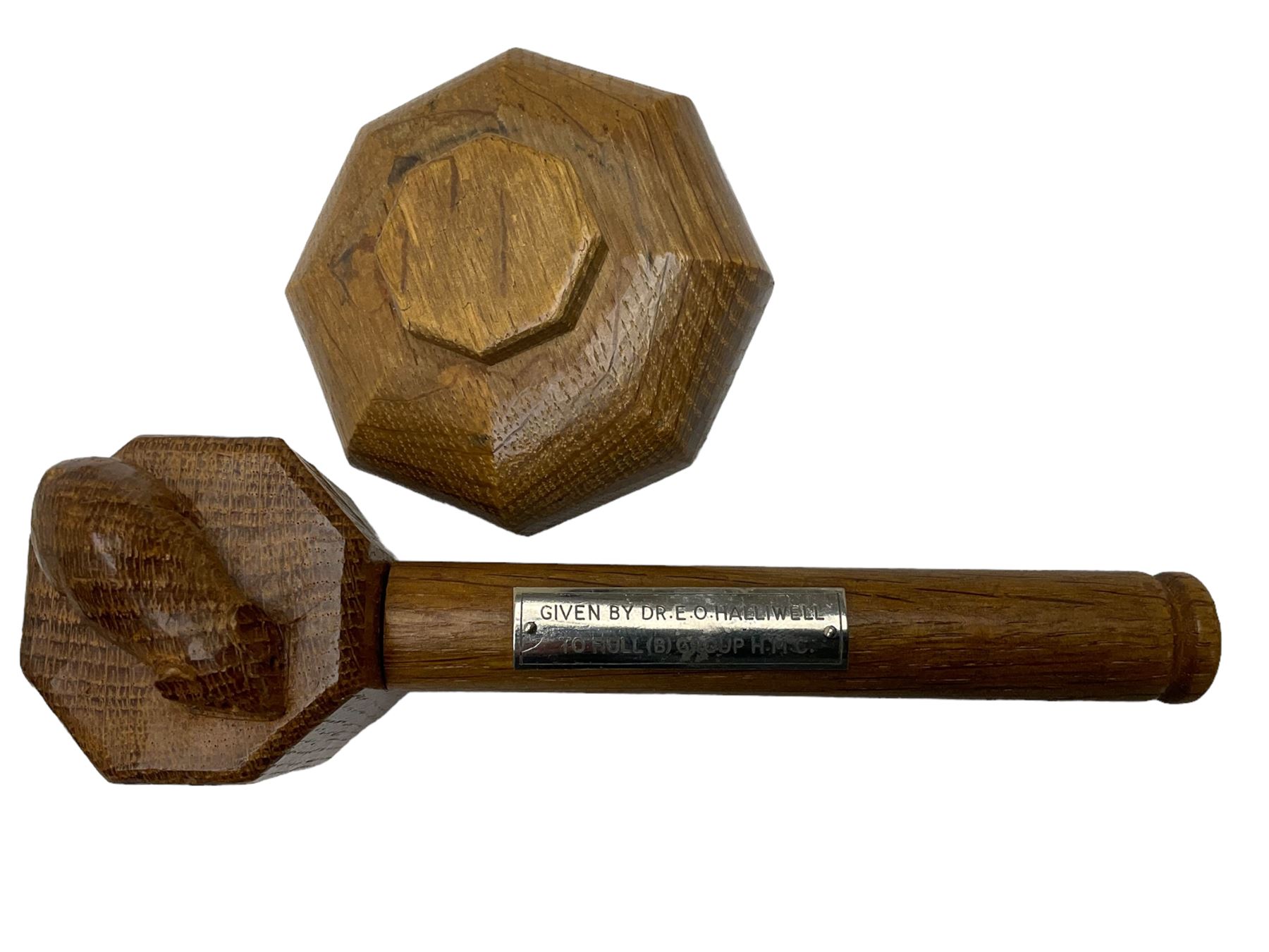 Mouseman - oak gavel and block, the octagonal head with carved mouse signature, the block of octagonal stepped form with baize lined underside, by the workshop of Robert Thompson, Kilburn, L17.5cm
