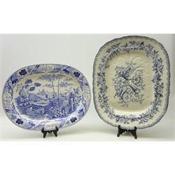 Early 19th century Wedgwood meat plate transfer printed in the 'Blue Palisade' or 'Chinese Garden' pattern, L52cm and another 19th century meat plate, possibly by Charles Meigh (2)  