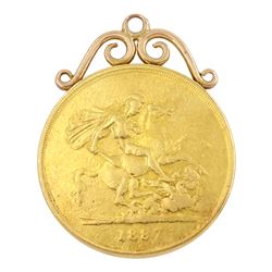 Queen Victoria 1887 gold five pound coin, with soldered 9ct rose gold pendant mount