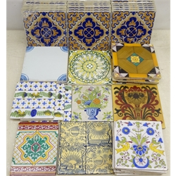  Set of seven 20th century Delft ware tiles painted in Polychrome enamels with birds amongst foliage, three similar tiles, Victorian Maw & Co. tile painted quarter panel pattern depicting sun and moon, Pugin style tile and others incl. a set of 19 tiles (40) Provenance: From a Private Yorkshire Collector  