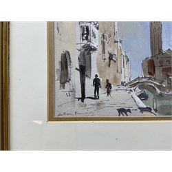 Anthony Flemming (British 1936-): Venice, pair pen and watercolours signed 17cm x 24.5cm (2)
Notes: born in London he studied at Goldsmiths College School of Art where he was awarded a First Class Honours Degree. On leaving Art School he went to Spain, his return to England was prompted by a request from John Cooper to design a racing car. Other design commissions followed from Brabham, Mclaren, Puma and Piper. He is a member of The Wapping Group of Artists having had a number of commissions from companies such as Shipowners Insurance Company, Shell, National Westminster Bank, B.P. and the Woolwich Building Society