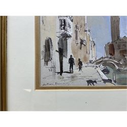 Anthony Flemming (British 1936-): Venice, pair pen and watercolours signed 17cm x 24.5cm (2)
Notes: born in London he studied at Goldsmiths College School of Art where he was awarded a First Class Honours Degree. On leaving Art School he went to Spain, his return to England was prompted by a request from John Cooper to design a racing car. Other design commissions followed from Brabham, Mclaren, Puma and Piper. He is a member of The Wapping Group of Artists having had a number of commissions from companies such as Shipowners Insurance Company, Shell, National Westminster Bank, B.P. and the Woolwich Building Society