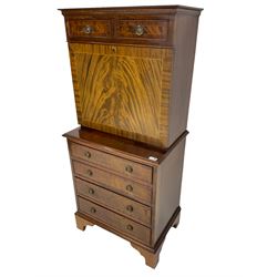 Shaw of London - mahogany secretaire chest, the upper section fitted with two drawers over fall front enclosing drawers, cupboard and pigeon holes, the lower section fitted with four graduating drawers, on bracket feet