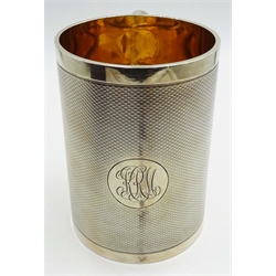  Victorian silver mug, engine turned decoration with gilt interior by  Hunt & Roskell late Storr & Mortimer jewellers & goldsmiths to Her Majesty The Queen New Bond Street London 1867, no 4347, in fitted shaped case h12cm, approx 15.5oz  