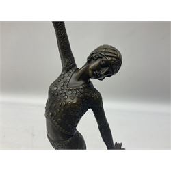 Art Deco style bronze figure of a female dancer, after 'Chiparus', with foundry mark, raised upon a circular stepped base, H38cm