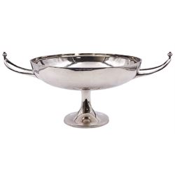 Early 20th century silver twin handled pedestal dish, the circular bowl with twin open handles with knopped finials, upon a spreading circular pedestal foot, hallmarked Finnigans Ltd, London 1916, not including handles H12cm D20.5cm, approximate weight 19.78 ozt (615.1 grams)