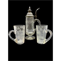 19h century Bohemian cut glass stein with metal mounts, a pair of 19th century Bohemian cut glass tankards decorated with deer, stein H28cm  