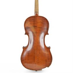 20th century-full sized violin, maple back and side ribs with a spruce top and chin rest, ebonised fretboard and fittings, no bow, housed in a soft case. 