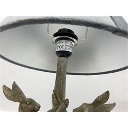 Silver composite table lamp, modelled as a pair of boxing hares, with a grey velvet shade, H45cm
