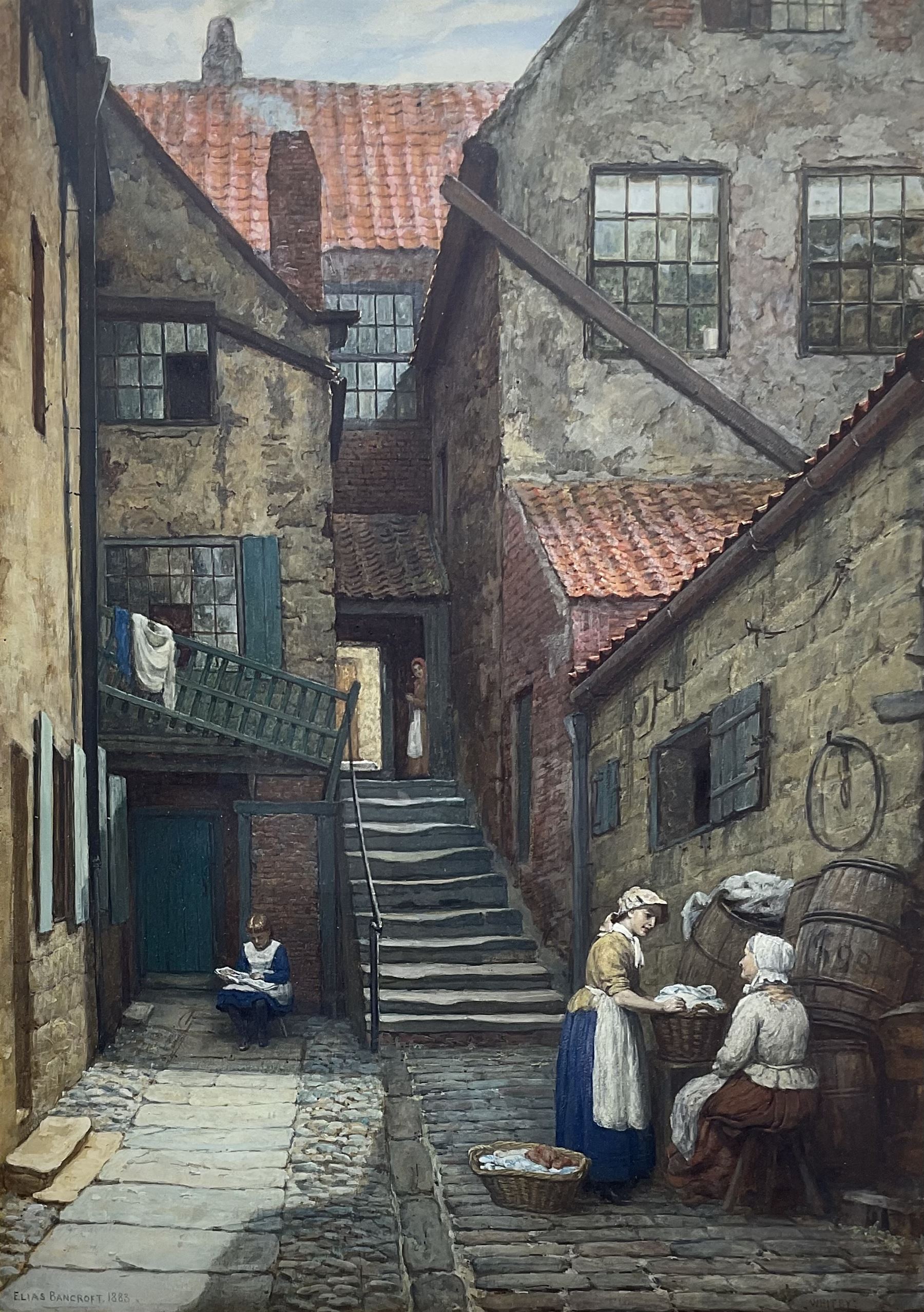 Elias Mollineaux Bancroft (British 1846-1924): 'Arguments Yard - Old Whitby', watercolour and gouache signed titled and dated 1883, further titled signed and dated with artist's address '30 Plymouth Grove Manchester' verso 76cm x 55cm