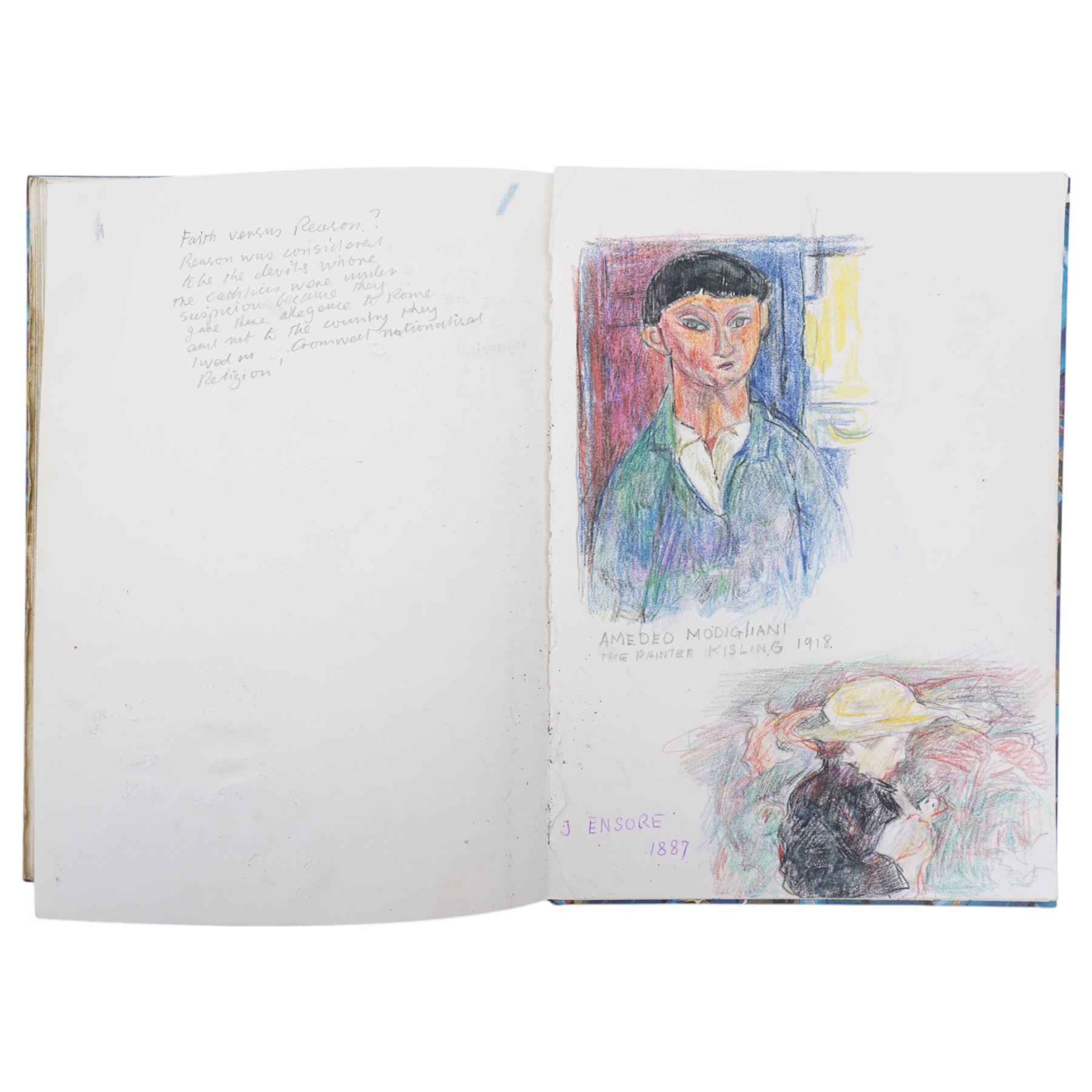 John Gilbey Bowles (British 1929-2011): Artist's Sketchbook - Surreal Art History Conversations, sketchbook containing thirty-four pages of pencil pastel and mixed media sketches of an art historical theme with interactions between famous paintings by different hands, most signed and dated 2008
Notes: examples include Edvard Munch's 'The Scream' reacting to a drawing by LS Lowry of street fighting; Albrecht Durer's drawing of a man dreaming of the Matisse line drawing; Hieronymus Bosch's 'The Last Judgment (detail) overseeing 'the Bacchanale Anglais' by Thomas Rowlandson; Toad of Toad Hall from the Wind in the Willows singing the praises of Henry VIII by Hans Holbein; a drawing by Leonardo Da Vinci admiring the humour in the drawing by LS Lowry; a Henry Moore drawing dreaming of a Thomas Rowlandson composition etc.