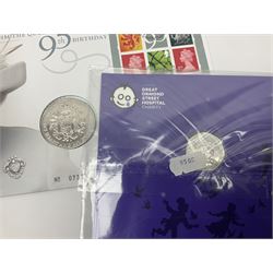 Commemorative coins and covers, including '80th Anniversary of the Battle of Britain' coin cover with Solomon Islands 2020 half dollar, 'Royal National Lifeboat Institution' coin cover with Alderney 2021 five pounds, 'Queen Elizabeth II's 95th Birthday' coin cover with Solomon Islands 2021 half dollar, other similar coin covers all in Harrington and Byrne folders, The Royal Mail 'HM The Queen's 95th Birthday' coin cover with 2021 five pounds and Queen Elizabeth II Isle of Man 2020 'Peter Pan' fifty pence coin collection in card folder