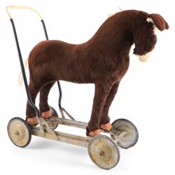 1920s/30s Panurge Pets push-a-long horse, with brown mohair body and white face, horse hai...
