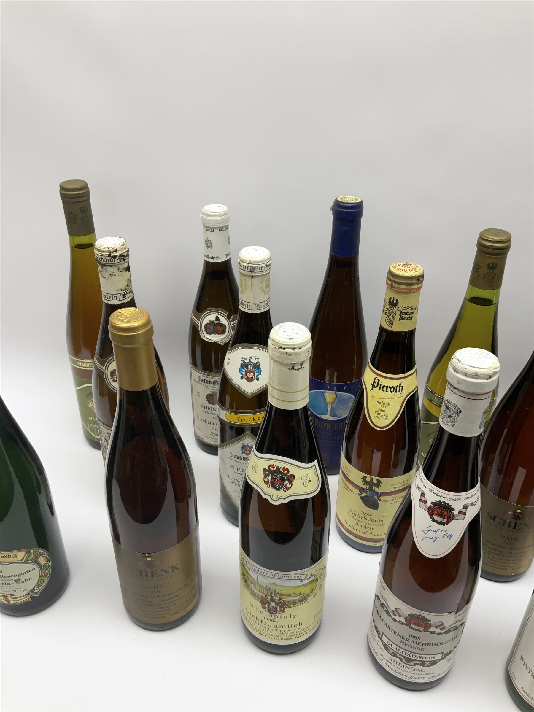 Mixed alcohol including Pieroth Grun-Gold 1983 Klusserather St. Michael Auslese 70cls, Pieroth Blue 1987 Kabinett Nahe 700ml, 7.5%vol etc, various contents and proofs, 18 bottles