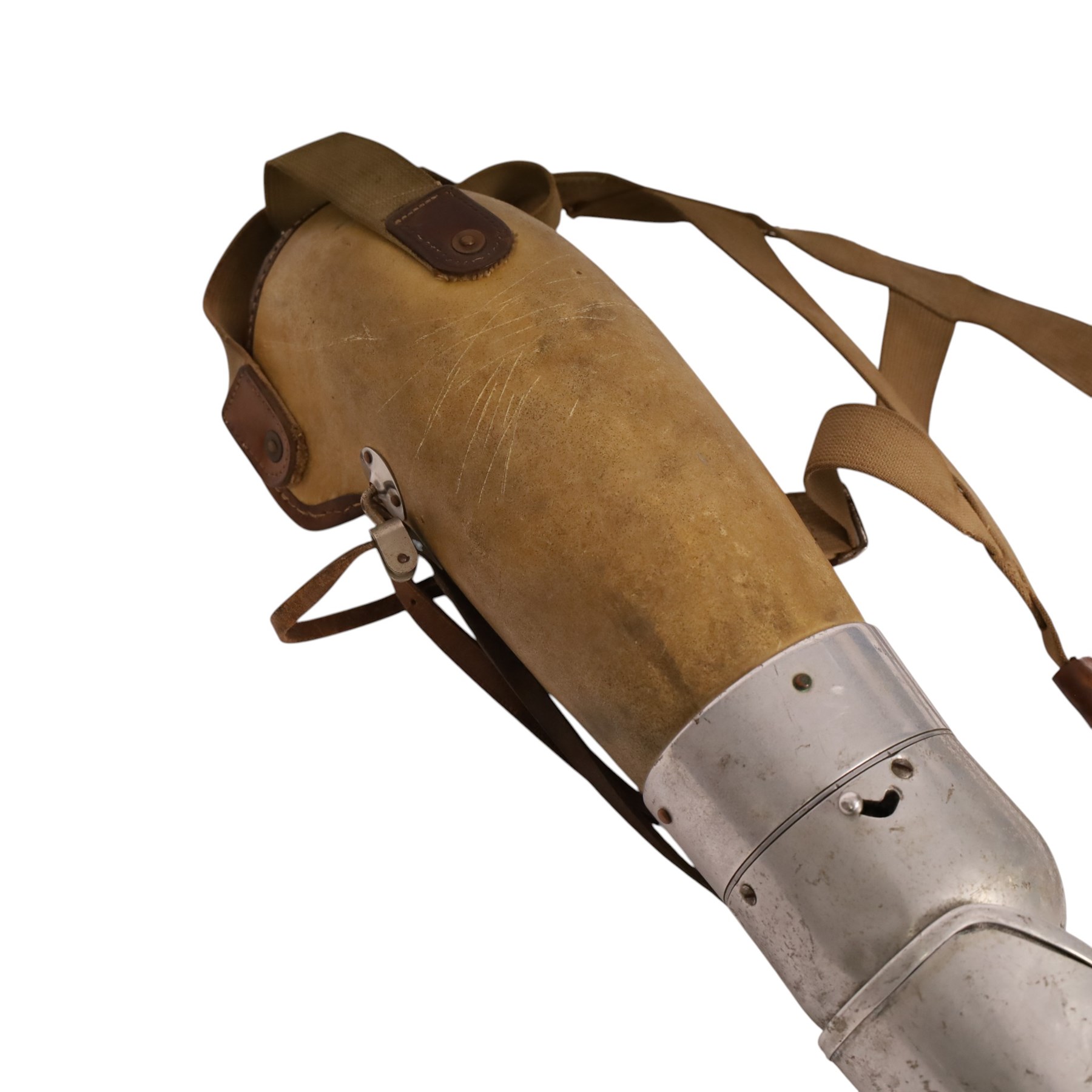 1940's prosthetic arm, possibly British, made from leather and polished aluminium, with canvas and leather straps  L47cm