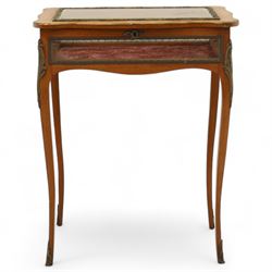 Louis XV revival style walnut bijouterie table, rectangular serpentine form, with brass edging and a hinged floral marquetry inlaid lid with bevelled glass top and sides, gilt-bronze beaded border, interior lined with rich red velvet, raised on slender cabriole legs with gilt bronze masks and sabots, circa 1900