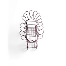 Mid-20th century wirework garden planter, oval form with heart shaped centre, under-tier shelf above scrolling feet