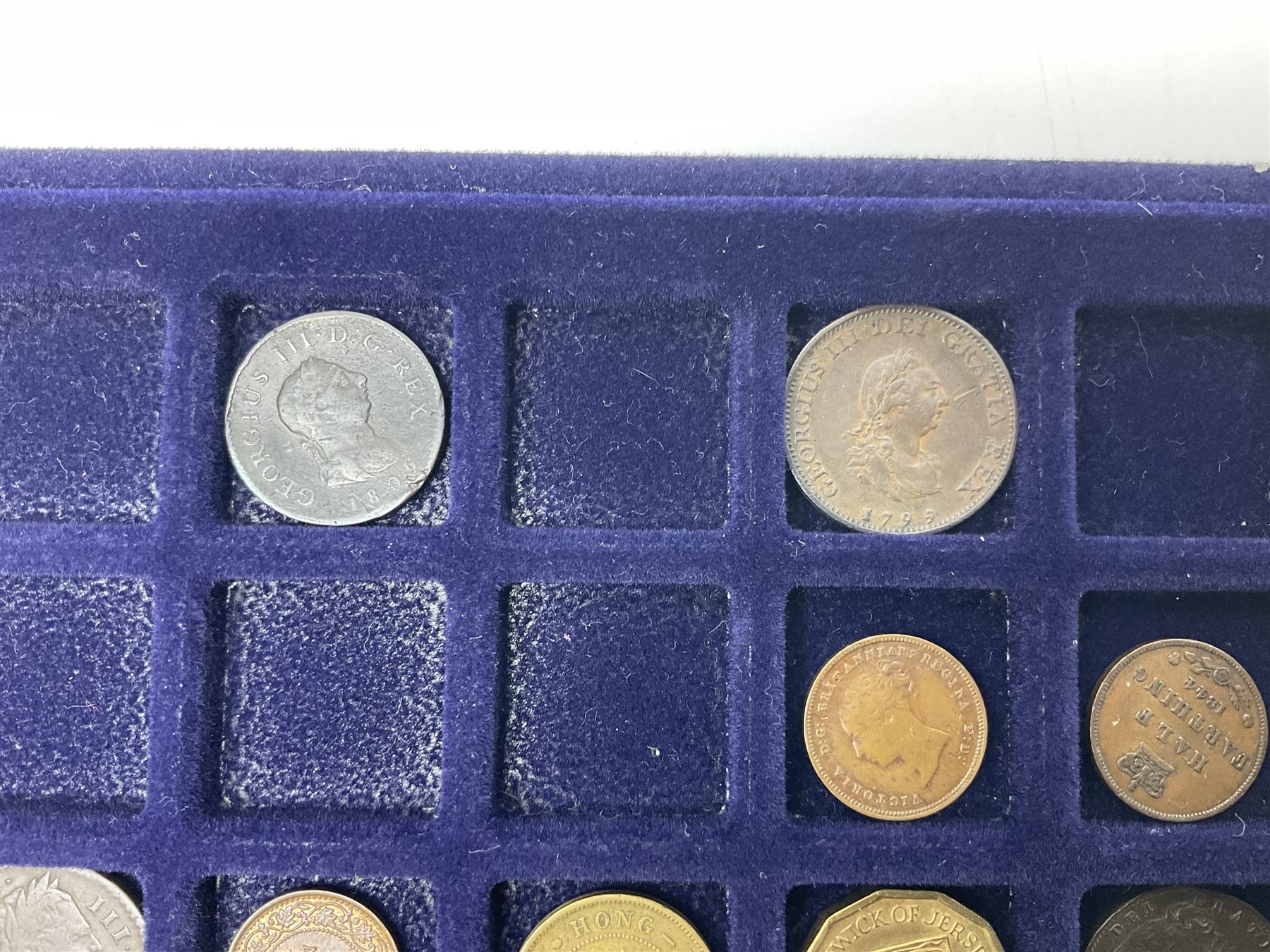 Commemorative, fantasy and other coinage, including George II 1754 farthing, George III 1773 farthing, cartwheel penny and cartwheel two pence, Queen Victoria Canada 1886 twenty five cents, various commemorative crowns etc, housed in three blue coin trays