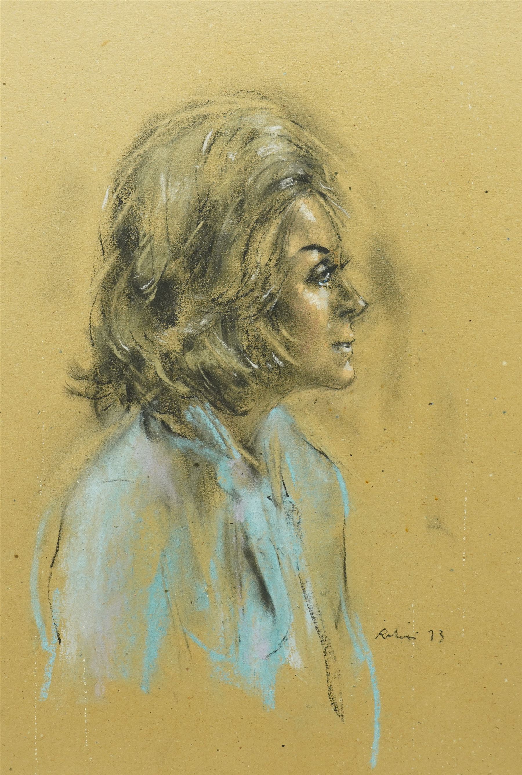 Harold Francis Riley (British 1934-2023): Lady in a Blue Scarf, pastel signed and dated '73, 44cm x 31cm