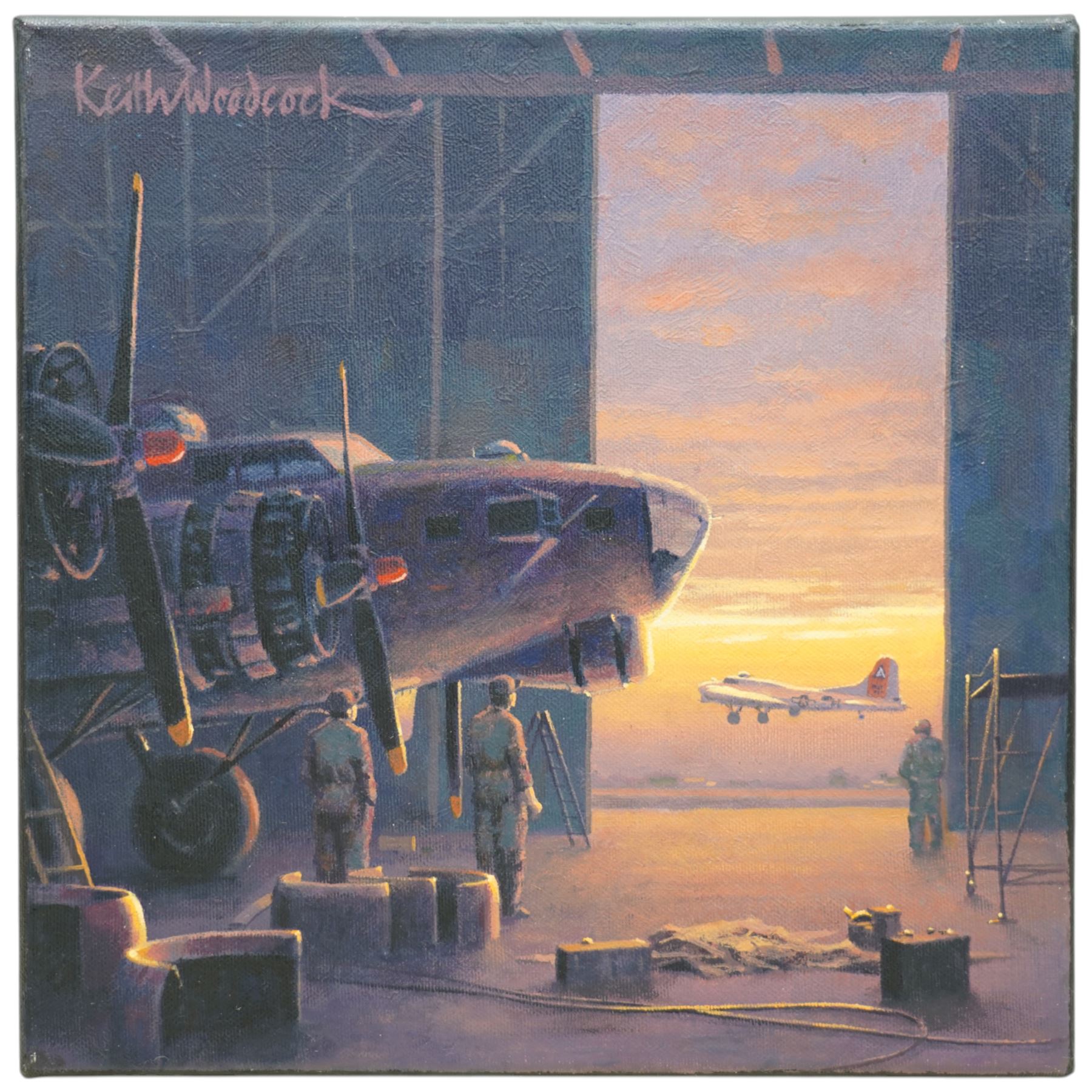 Keith Woodcock (British Contemporary): Dawn take-off 1945 - American B-17, oil on canvas signed, titled verso 30cm x 30cm