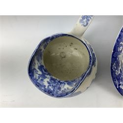 Mintons Genevese pattern wash bowl, jug and toothbrush holder, together with a similar Mintons blue and white soap dish, all decorated in the oriental style, all with printed marks beneath, largest D32cm