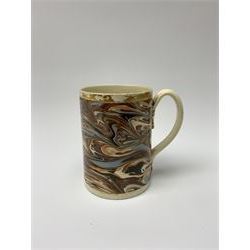 Late 18th century earthenware mug, possibly Ralph Wedgwood, Burslem or Ferrybridge, with surface marbled decoration and later gilt detail to rims and handle, impressed beneath Wedgwood & Co, H12cm