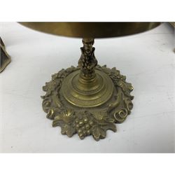 Collection of victorian and later brass desk accessories, to include a letter holder with cherub design, ink well of square form with hinged lid, brass table bell, brass casket with relief decoration, etc  