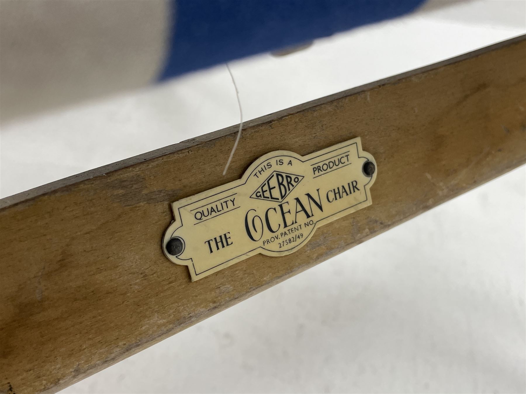 Geebro - ‘The Ocean Chair’ two vintage beech framed folding deck chairs with blue and white striped fabric 