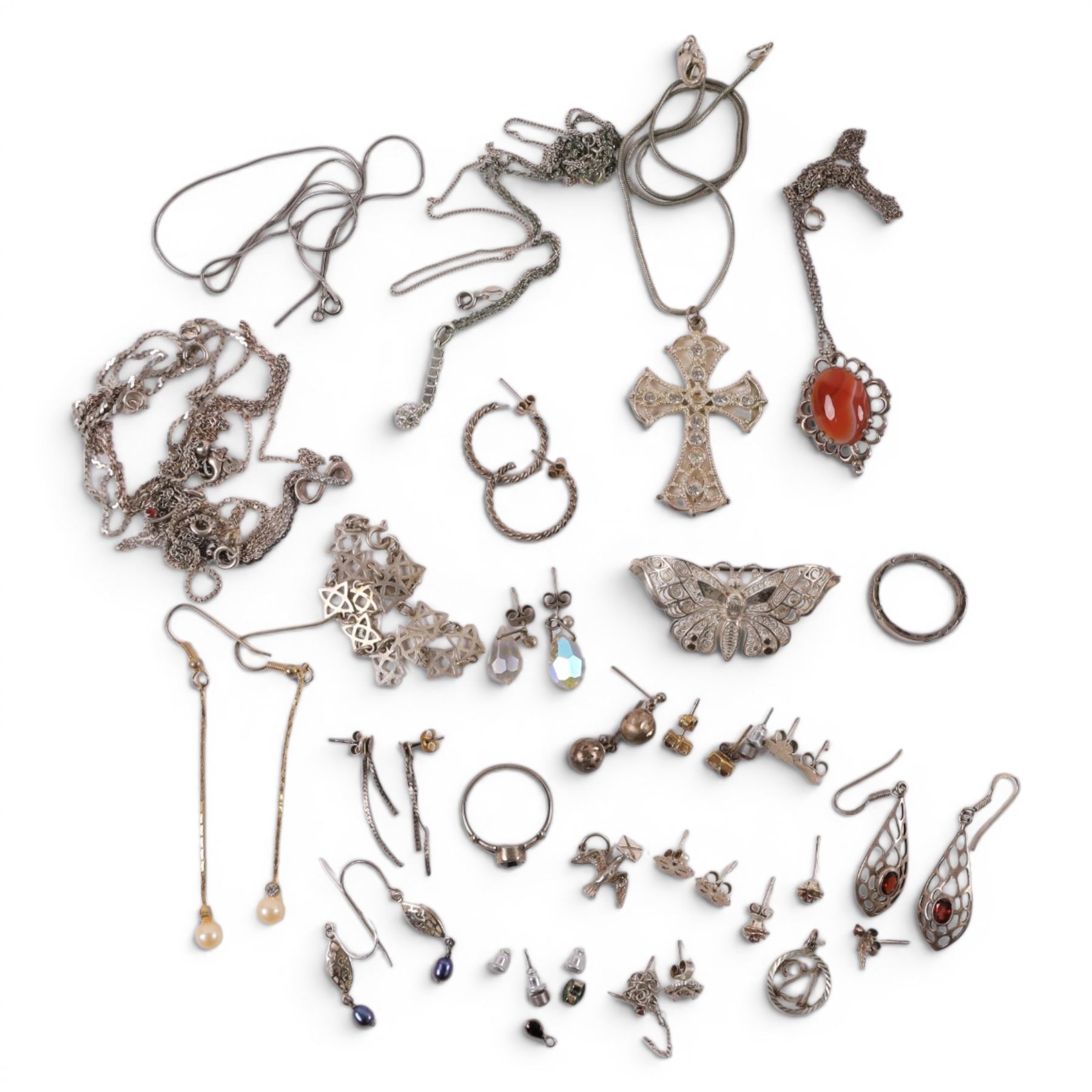 Silver and costume jewellery, including bracelet, necklaces, chains, earrings, brooch, ring, etc, together with a George III 1816 silver shilling and a King George V 1919 silver sixpence
