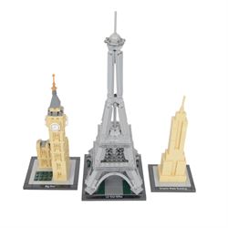 Four Lego architecture sets, comprising Empire State Building, The Eiffel Tower, Empire State Building and Big Ben, built with instructions, White House with box, tallest H33cm