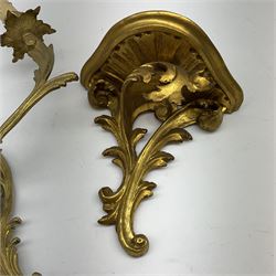 Rococo style gilt metal three branch wall sconce wall light, H40cm, together with a gilt wall sconce or bracket, the support modelled in the form of acanthus leaves, H23cm. 