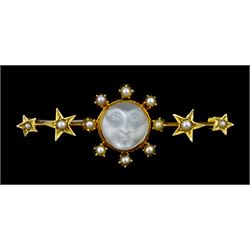 Victorian 15ct gold moonstone and seed pearl brooch, the carved 'Man in the Moon' moonstone with pearl surround and two pearl set stars set either side