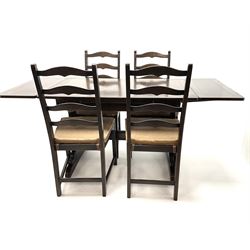 Ecrol dark elm drawer leaf dining table, four chairs and matching sideboard dresser