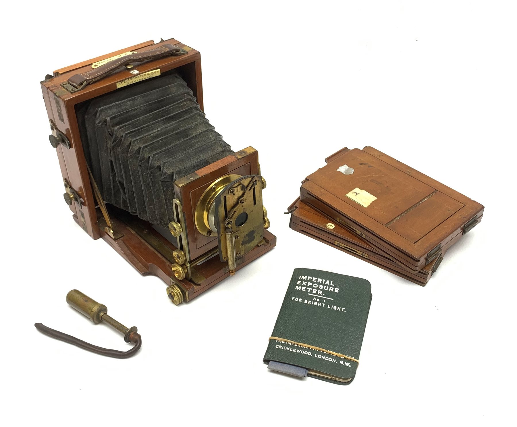 Lancaster Camera - mahogany and brass cased, 'The 1901 Instantograph Patent', lens with see-saw shutter, two additional plates