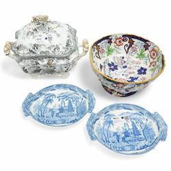 Pair of early 19th century Davenport oval dishes printed with the Chinese Garden pattern,  Copeland & Garrett late Spode soup tureen and an Amherst Japan punch bowl