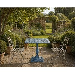 Victorian revival ornate cast iron garden table, pierced square top, pedestal base, finished in distressed blue paint