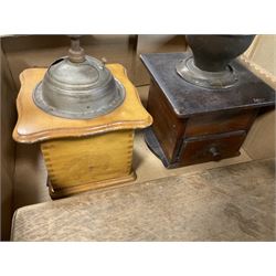 Two coffee grinders, together with a wooden telephone money box and cased canteen