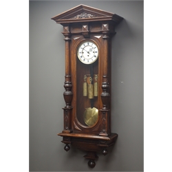 19th century walnut Vienna type wall clock, Architectural case with angular pediment and fluted columns, triple train Grand Sonnerie movement striking the quarter hours on coils with pull repeat, numbered 10396, H122cm   