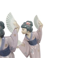 Five Lladro Japanese figures, comprising Oriental Spring no 4988, two Chrysanthemum no. 4990 and two Madame Butterfly no. 4991