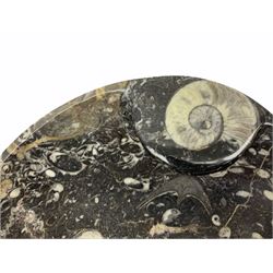 Carved stone bowl with multiple fossil specimens, including an ammonite, D23cm.  