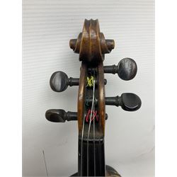 German copy of a Maggini violin c1900 with 35.5cm two-piece maple back and ribs and spruce top, bears label 'Maggini Deutsche Arbeit 1866' L59cm; in carrying case with bow