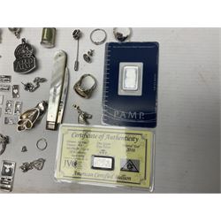 Silver mother of pearl handled fruit knife, silver jewellery including masonic pendant necklace, shell pendant, coin ring, Claddagh ring and charms etc, and a collection of ingots