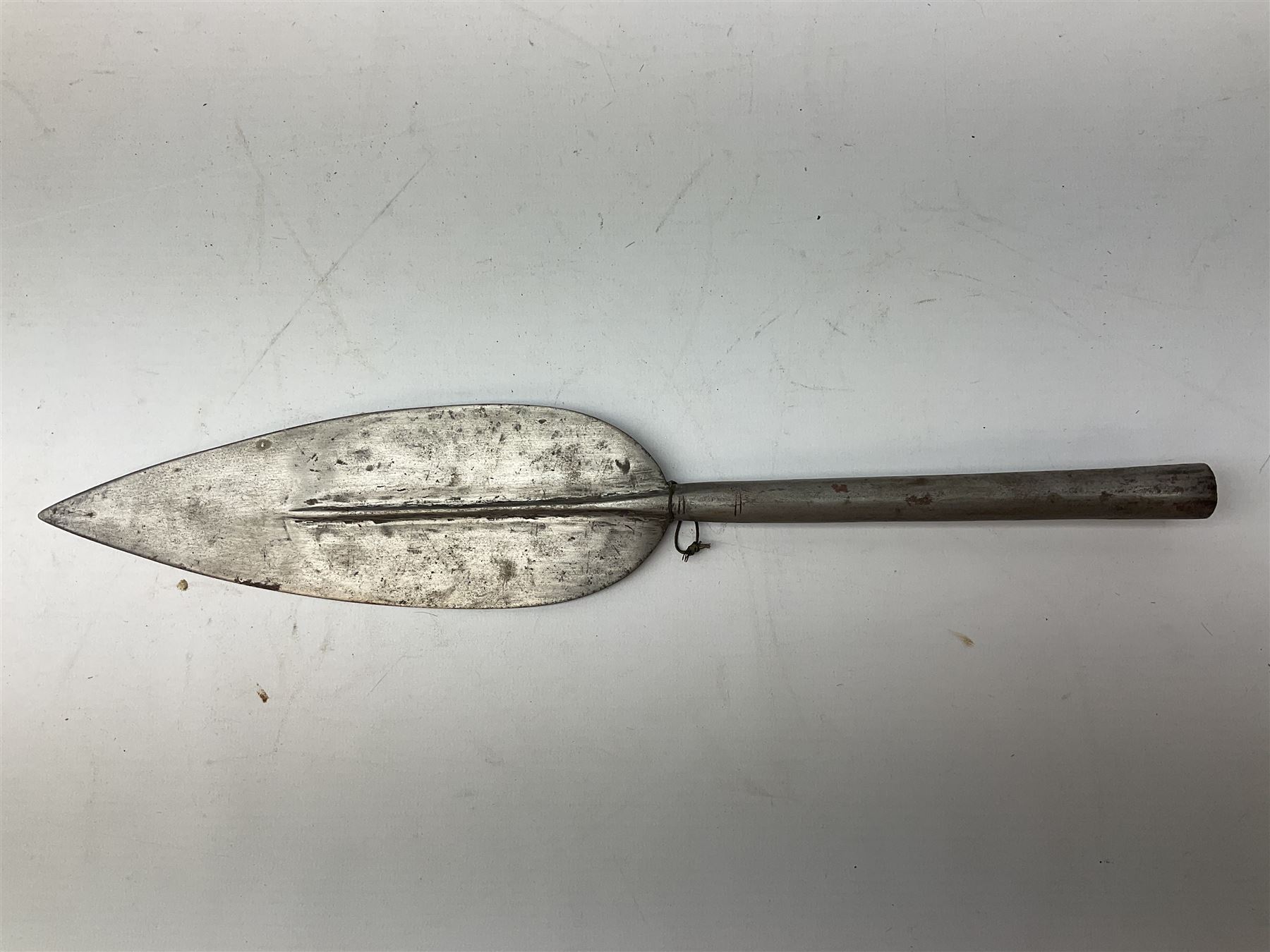 Miscellaneous items including two native ceremonial maces; steel spear head; pair of chrome plated spurs by Geo. Parker & Sons; WW1 French & Son marching compass leather case; scissor action bullet mould etc