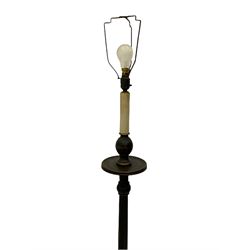 Late 20th century chinoiserie standard lamp, the circular base decorated with raised gilt figural scenes, H153cm (measurement excluding shade and fitting)