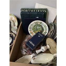 Three boxes of ceramics to include boxed collectors plates including Royal Worcester and Coalport etc, boxed Portmeirion cake stand and other ceramics including Ridgways and studio pottery etc