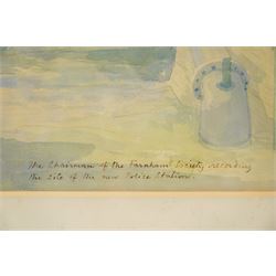 Sir John Verney (British 1913-1992): 'Mills Yard' - The Chairman of the Farnham Society Recording the Site of the New Police Station, watercolour signed and dated 1961, titled verso 33cm x 49cm 